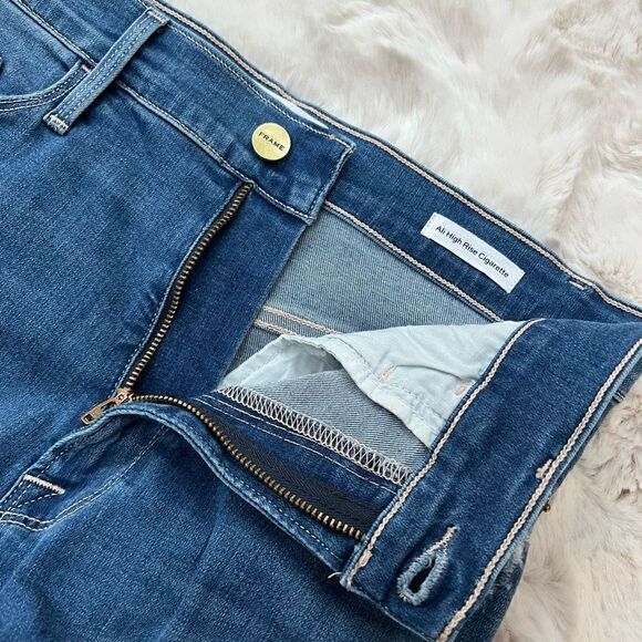 FRAME Ali High Rise Waist Cigarette Jeans Distressed Hem Medium Wash size 28 - Picture 5 of 12